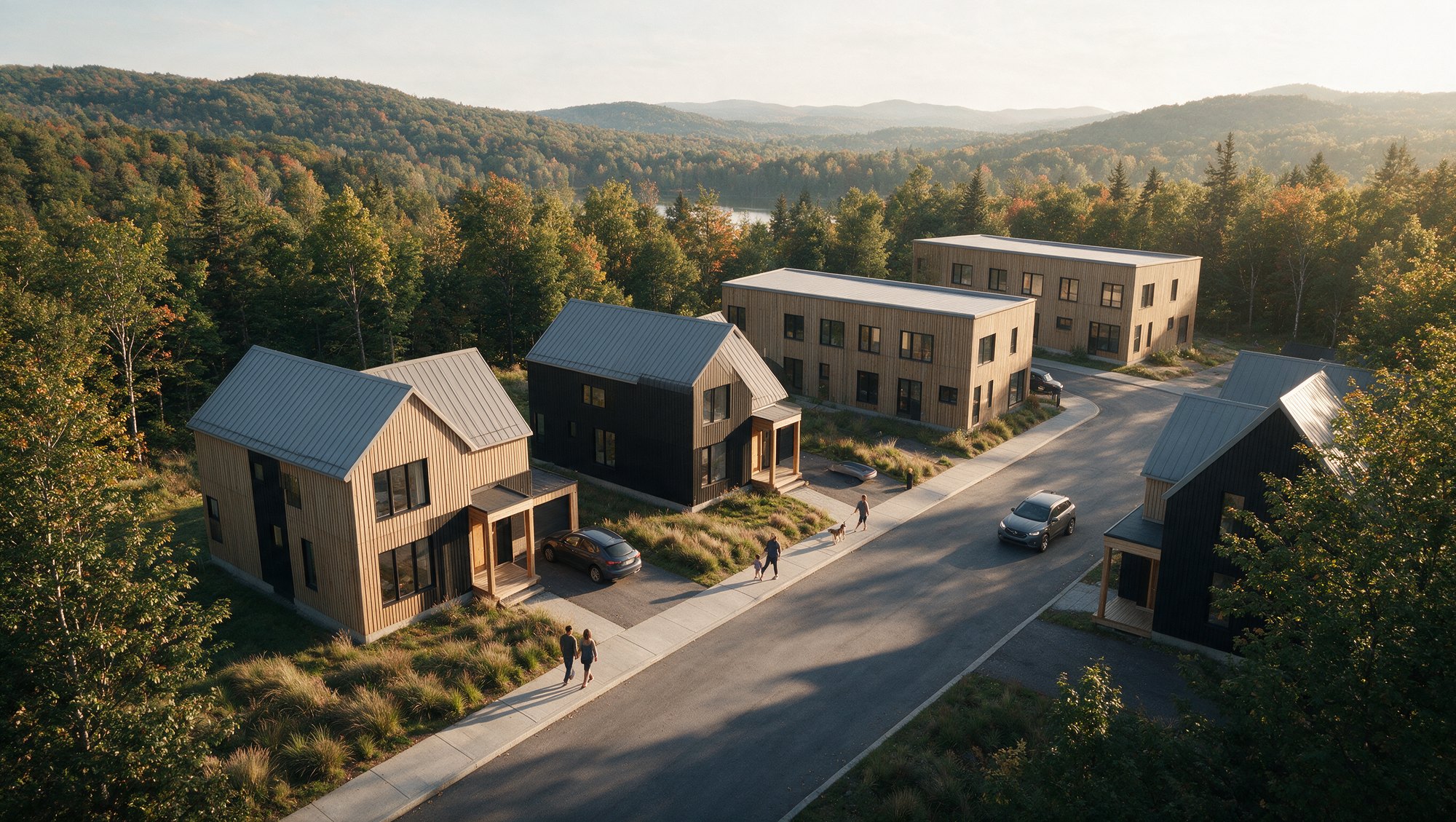 Vue d&rsquo;ensemble d&rsquo;un quartier Karborea&nbsp;: maisons et petits collectifs autour d&rsquo;une rue partagée, dans une vallée boisée.