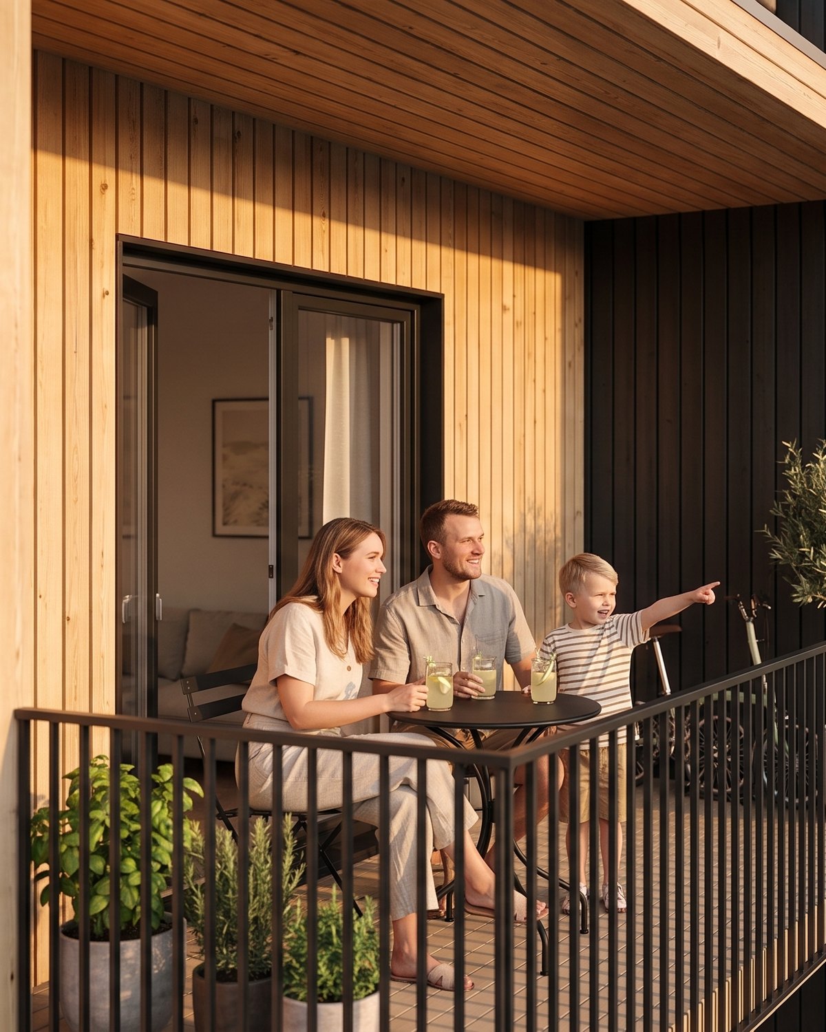 Une famille attablée sur le balcon d&rsquo;un logement Karborea, au couchant, devant la cour commune.