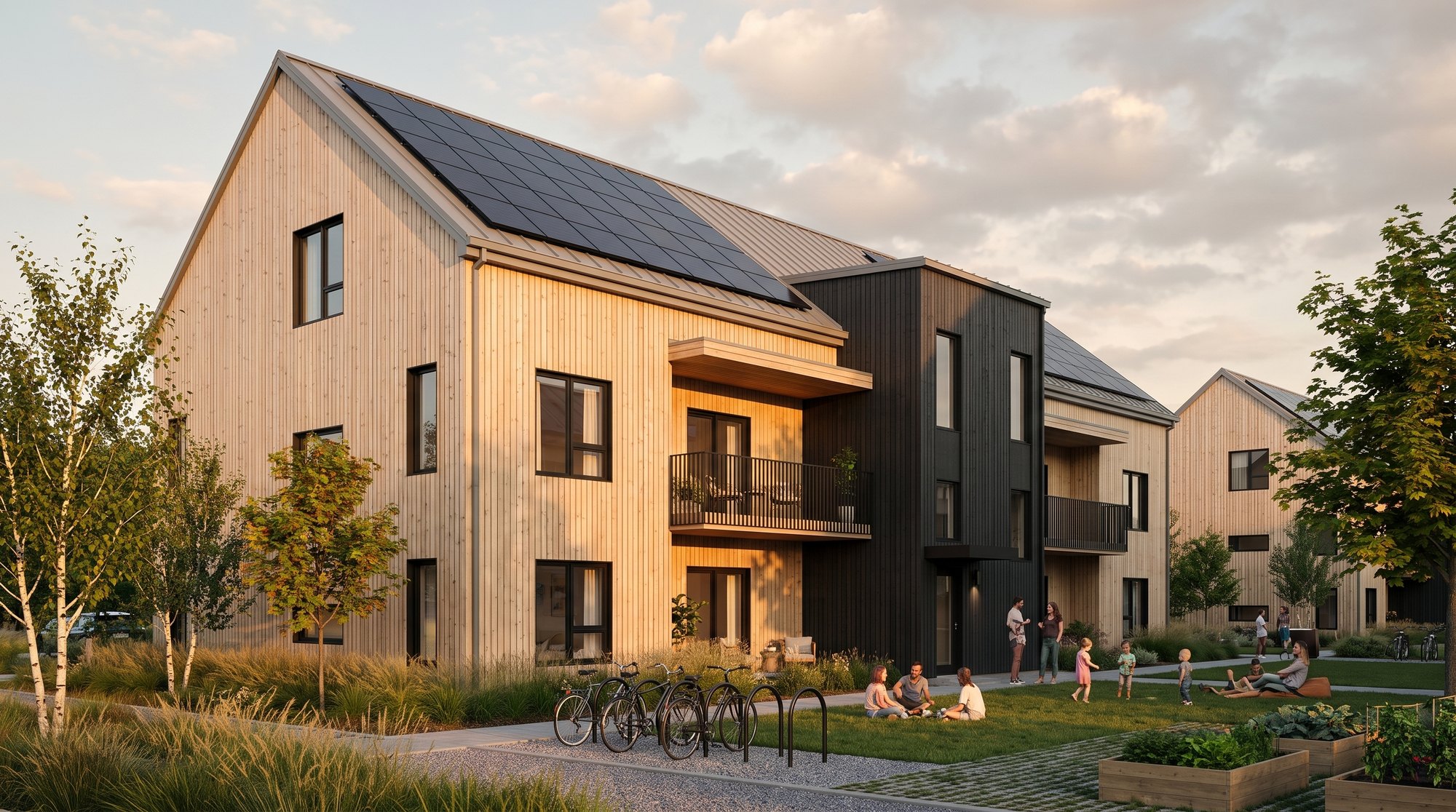 Un ensemble résidentiel Karborea au couchant : bâtiments en bois clair et bardage sombre, balcons, panneaux solaires, des familles dans les espaces communs.